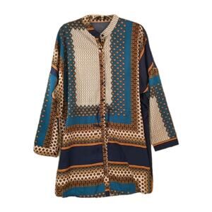 Boohoo Women’s Tunic Dress Size 10 • Mediterranean Tile Print • Drawstring Waist